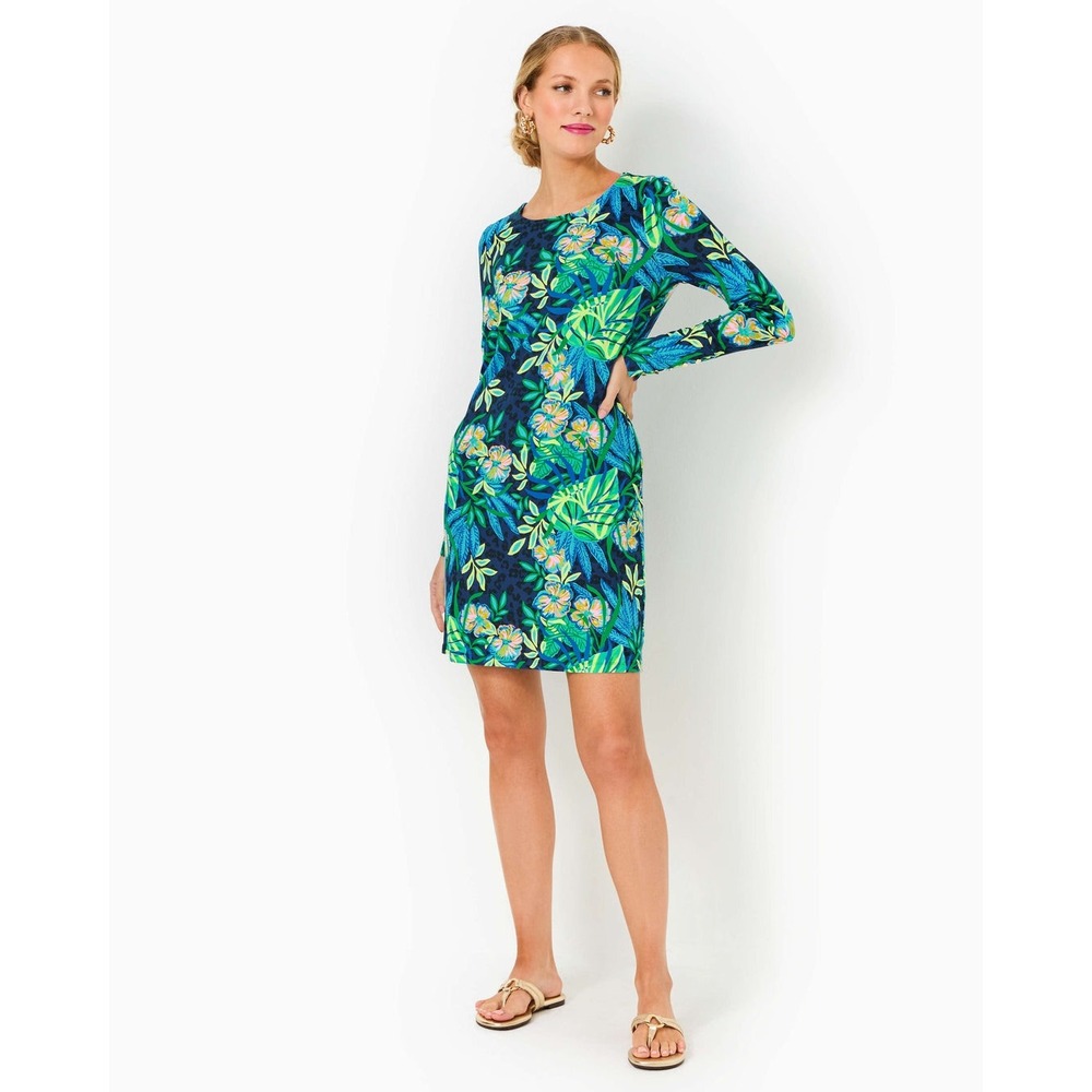 Lilly Pulitzer Ellis Dress Women Large Multi Floral UPF 50+ Long Sleeve Rayon